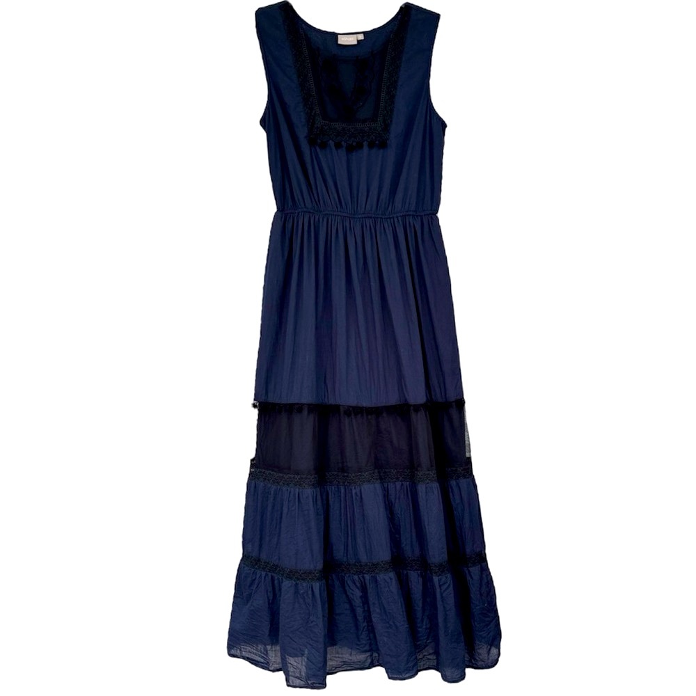 Elegant Maxi Dress Sleeveless Navy Blue Black Pom Lace Embroidered Size Large - Picture 13 of 17